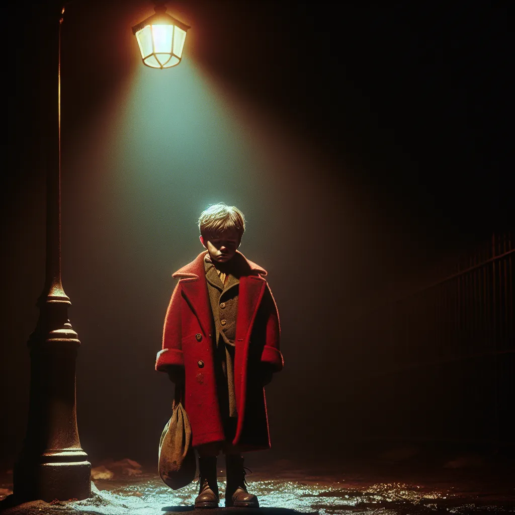 A lone figure, a little boy named Michael, stands under a streetlamp at midnight, wearing a torn red dress and broken heels. His face is streaked with tears as he clutches a purse, desperate for escape.