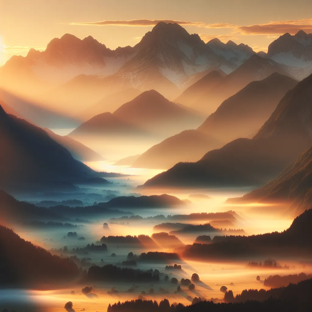 A serene mountain landscape at sunrise, with misty valleys and snow-capped peaks, bathed in golden light.