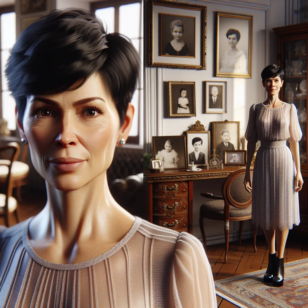The image will depict a young girl, named Min-Ji, standing in a luxurious and unfamiliar room. She appears to be around fifty-five years old, with short black hair in a pixie cut. Min-Ji is wearing an elegant dress and platform sandals. The room is filled with antique furniture and family photos that confuse her, but she remains determined and ready to face the unknown.