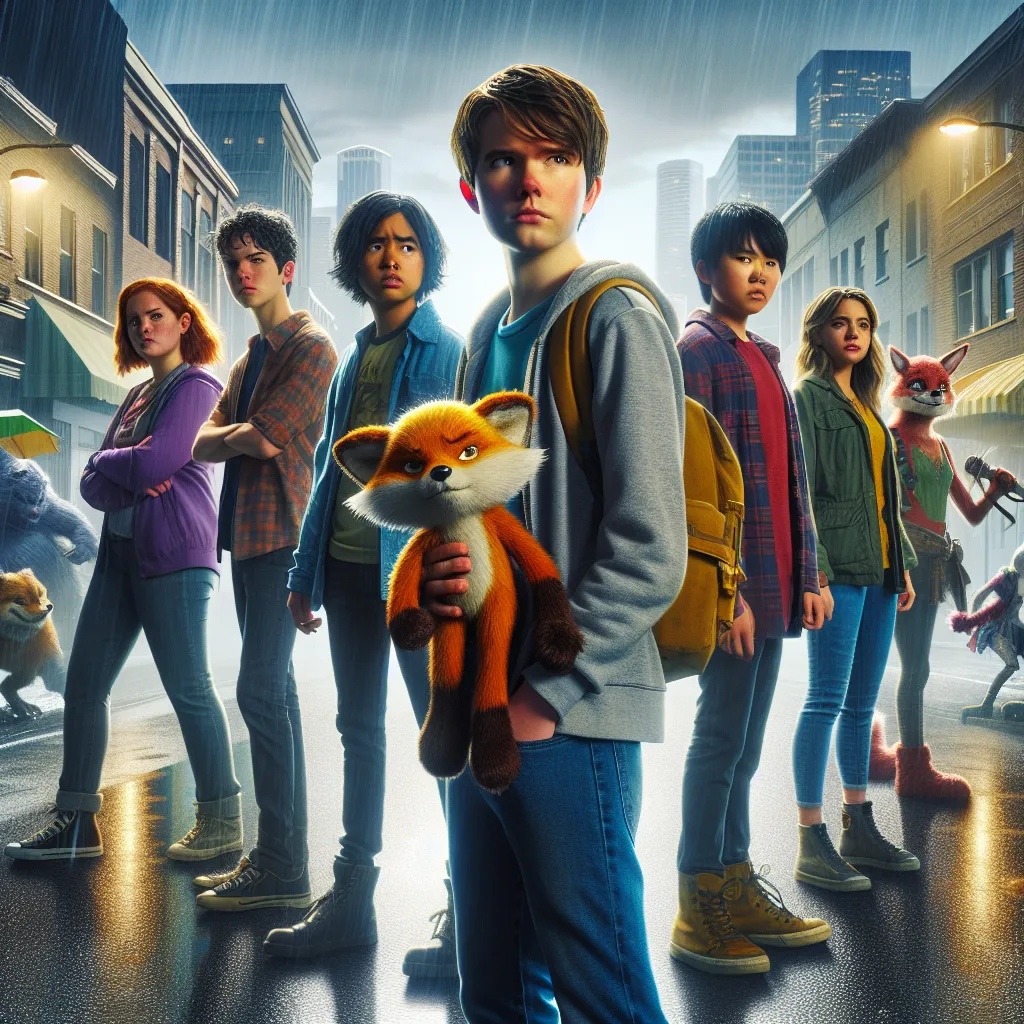 The image depicts a teenage boy and his sarcastic stuffed fox companion, Foxy, standing in the rain-soaked city of Seattle. They are joined by the iCarly crew, consisting of Carly, Sam, Freddie, and Gibby. The group is prepared to take on a host of villains from Foxy's original dimension, who are stirring up mischievous trouble in Seattle. The image captures the humor and adventurous spirit of the story, showcasing the characters in a dynamic and witty pose.