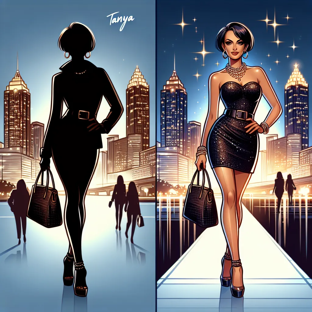 The image accompanying this story could be a digital illustration featuring Tanya, a fierce and confident woman in her late 40s, strutting confidently with a backdrop of Atlanta at night. She exudes charisma and is dressed elegantly in a glamorous outfit, complete with jewelry, heels, and a fashionable purse. The illustration captures her transformed identity, reflecting her newfound self-assurance and depicting the vibrant energy of the city around her.