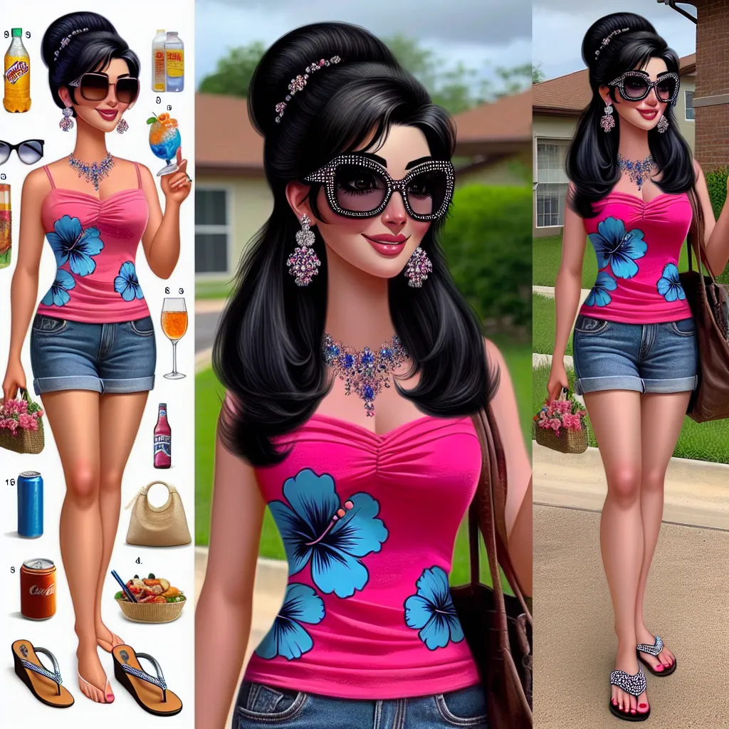 The image generated by DALLE could depict a confident, middle-aged woman with long, black hair in a neat bun, wearing a bright pink tank top with blue hibiscus flower designs and denim shorts. She is wearing flip flops adorned with rhinestones and oversized sunglasses with thick black frames. She is walking with a purse over her shoulder, carrying a small basket of food. The background could show a residential neighborhood or a park, symbolizing family and community.