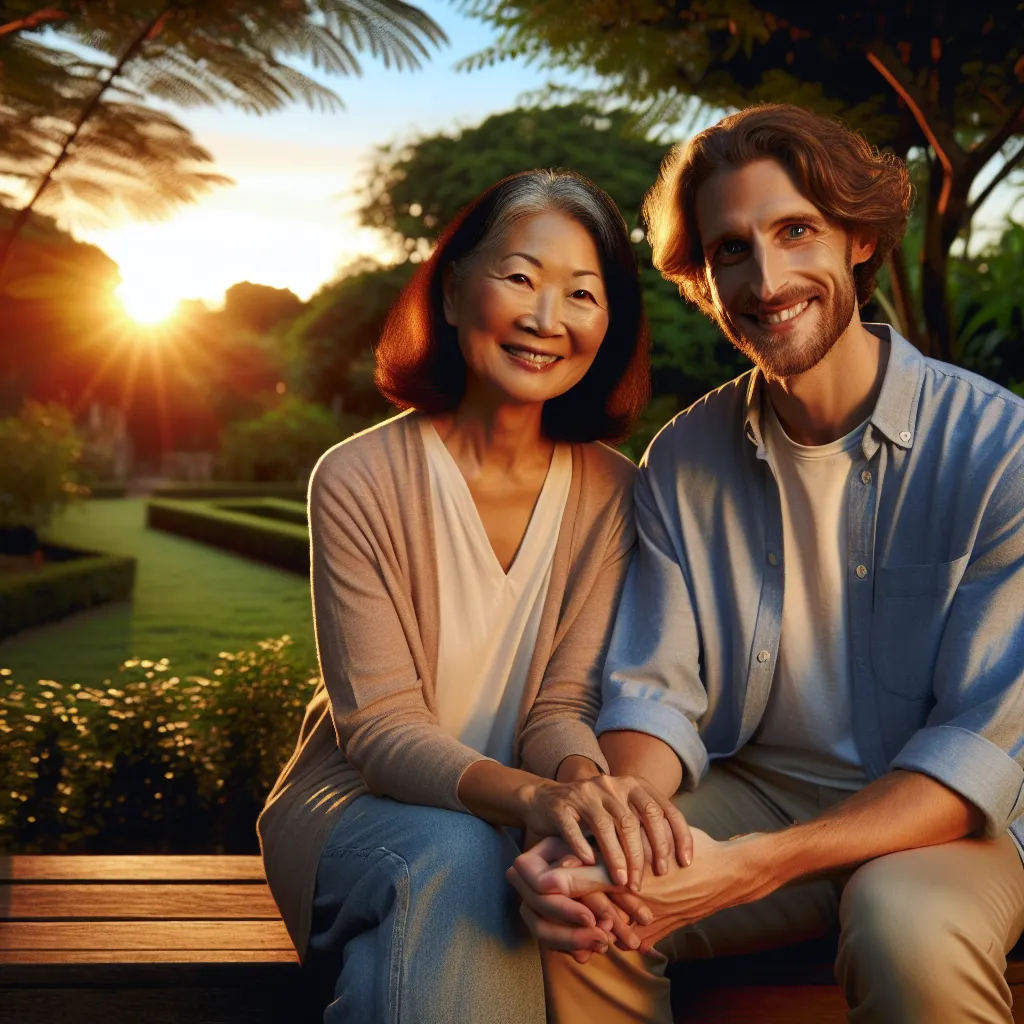 An image of a woman and a man sitting on a garden bench, holding hands and smiling, with the sun setting in the background.