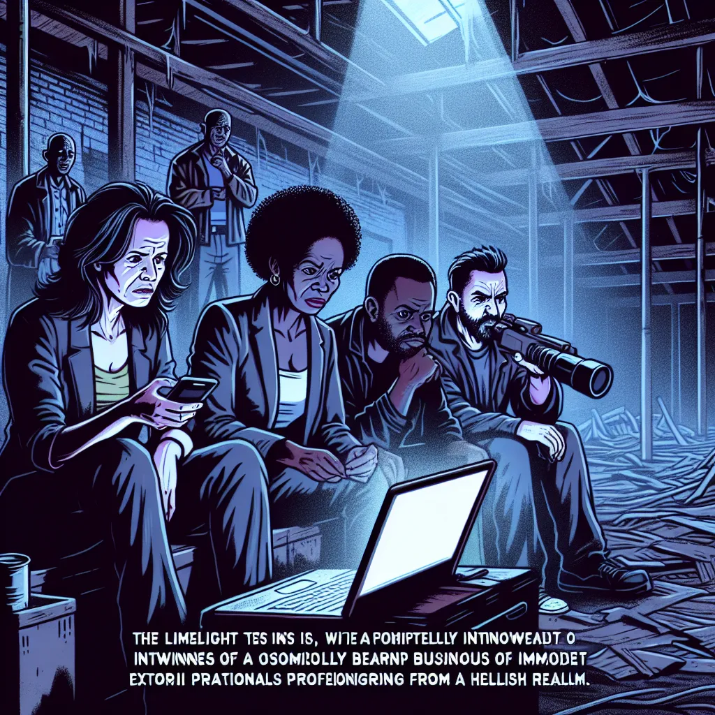 The image should depict a dark, decrepit warehouse on the outskirts of a forgotten town. The focus should be on a group of humans who are paranormal investigators, gathered around a laptop, watching footage from their latest investigation. They are unaware that they have unknowingly linked themselves to the infernal business of the I.M.P. (Immediate Murder Professionals) from Hell.