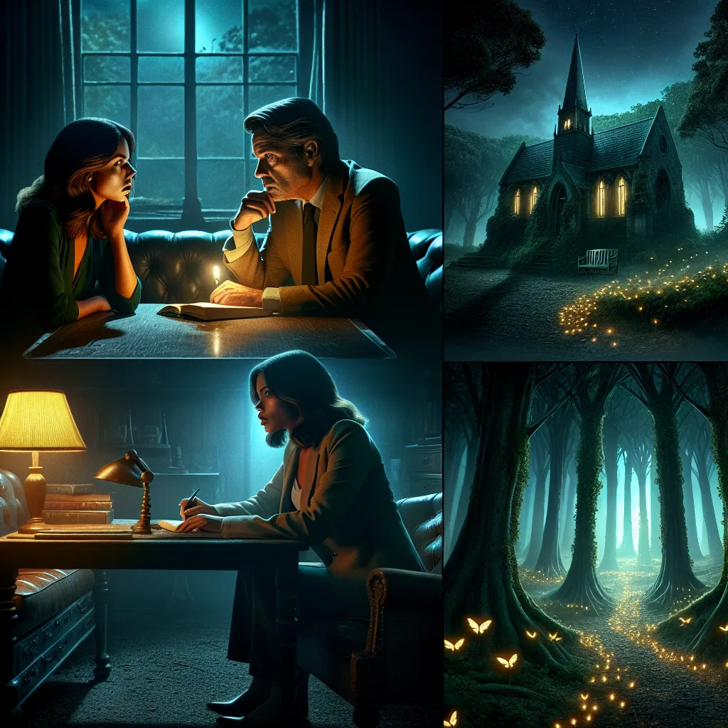 A mysterious scene unfolds as Eden Voss recounts her sister's disappearance on the night of the summer solstice to a detective. Twists and turns lead them to a hidden chapel where whispers and fireflies reveal a shocking truth.