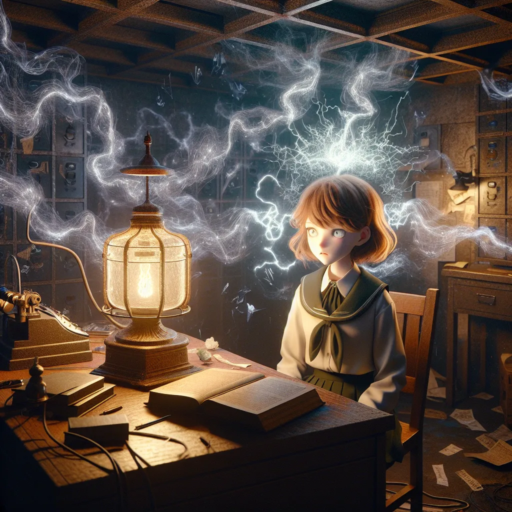 A haunting, dimly lit Tokiwadai dormitory bedroom with flickering electric currents crackling visibly beneath a trembling teenage girl’s translucent skin. She has soft chestnut hair and wears the Tokiwadai uniform—her expression a blend of fear and confusion as ghostly static and shattered memories swirl around her. Nearby, a cracked, ancient genie lamp pulses faintly with eerie light on a cluttered desk, casting long shadows that twist like tendrils of electricity in the darkened room.