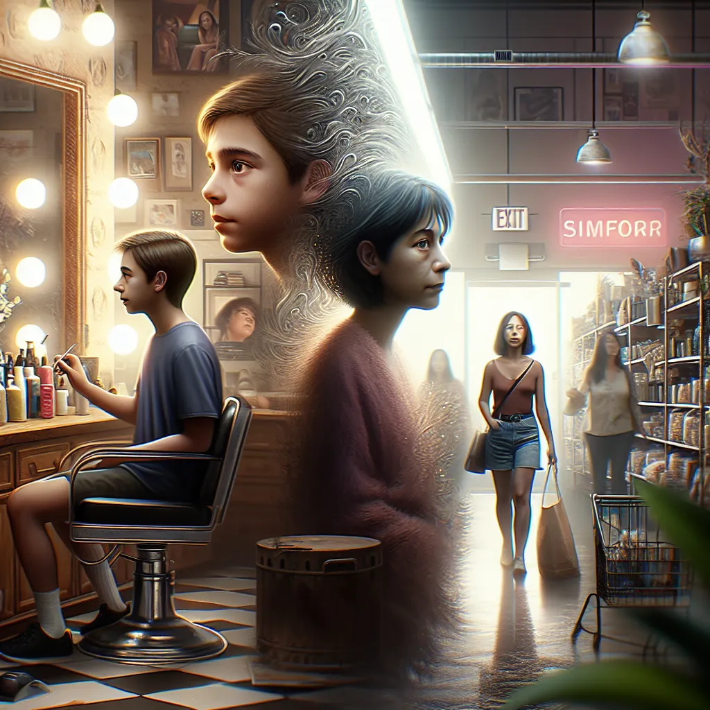A digital art piece depicting the mysterious disappearance of a young boy named Simon at a salon, reappearing as a Filipino woman in a bustling grocery store, captured during a transformative moment where identities shift and memories fade, ultimately blending into everyday life.