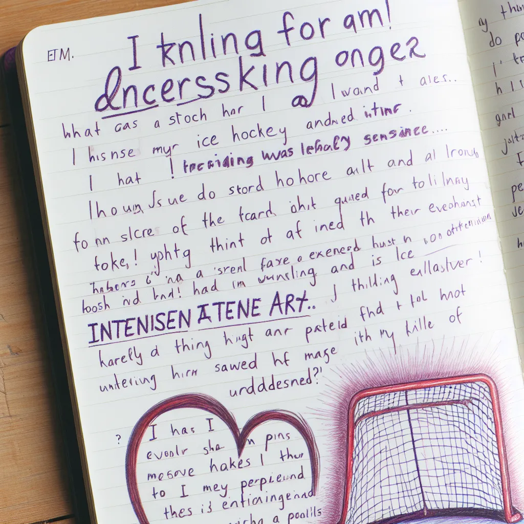 A dark and introspective journal entry describing a teenager's unsettling obsession with violent artwork and peculiar love for crashing into hockey rink barriers, leaving unanswered questions about her future.