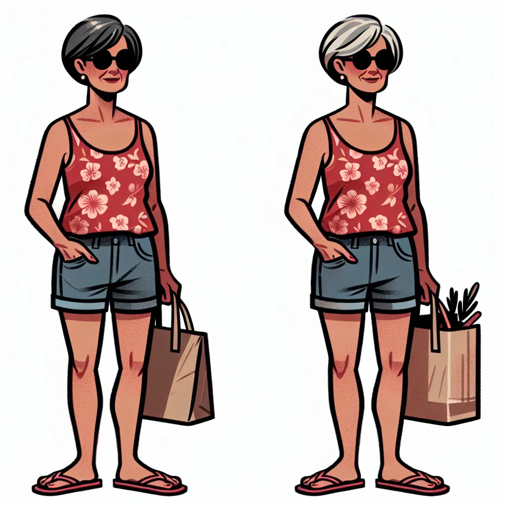 An image of a middle-aged woman with short gray hair, wearing a red floral tank top, denim shorts, and pink flip flops. She is wearing large black sunglasses and carrying a purse over her shoulder while holding groceries.