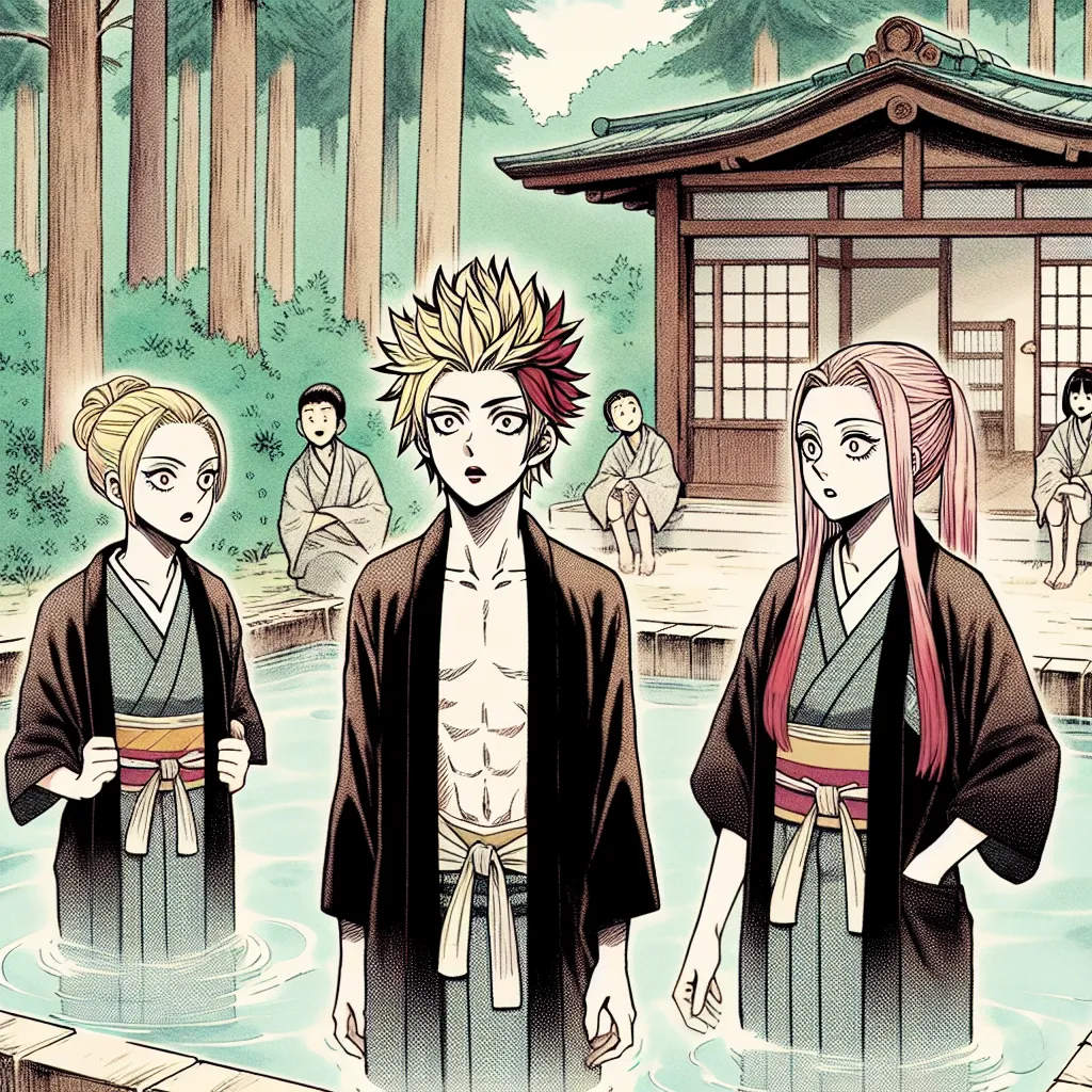 In the image, Naruto, Sakura, and Ino are standing outside the entrance to the Konoha hot springs. Naruto appears worried while Sakura and Ino are convincing him to join them. Naruto's appearance begins to change as he enters the hot springs, with his hair turning red and growing longer. He is shocked to discover that he has transformed into a girl. Despite Naruto's distress, Sakura and Ino are unaware of the transformation and continue to treat Naruto as their female friend, Naruko. Naruto's ne