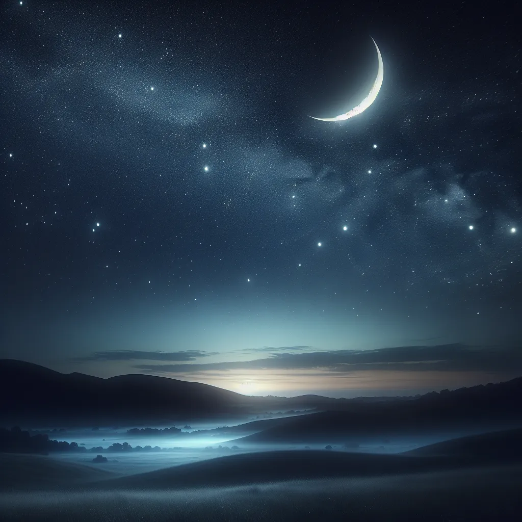 A mysterious night sky filled with twinkling stars and a crescent moon shining above a peaceful landscape.