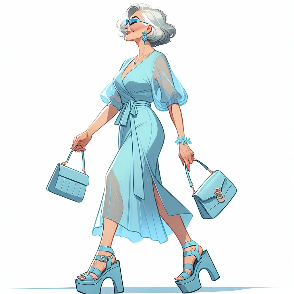 The generated image will depict a 50-year-old woman named Madeline Roberts. She is wearing a sky blue Versace dress with matching Christian Louboutin platform sandals. She holds a Hermès purse on her shoulder and wears Chanel earrings. Madeline looks confident and content as she walks, embracing her new identity and ready for the future.