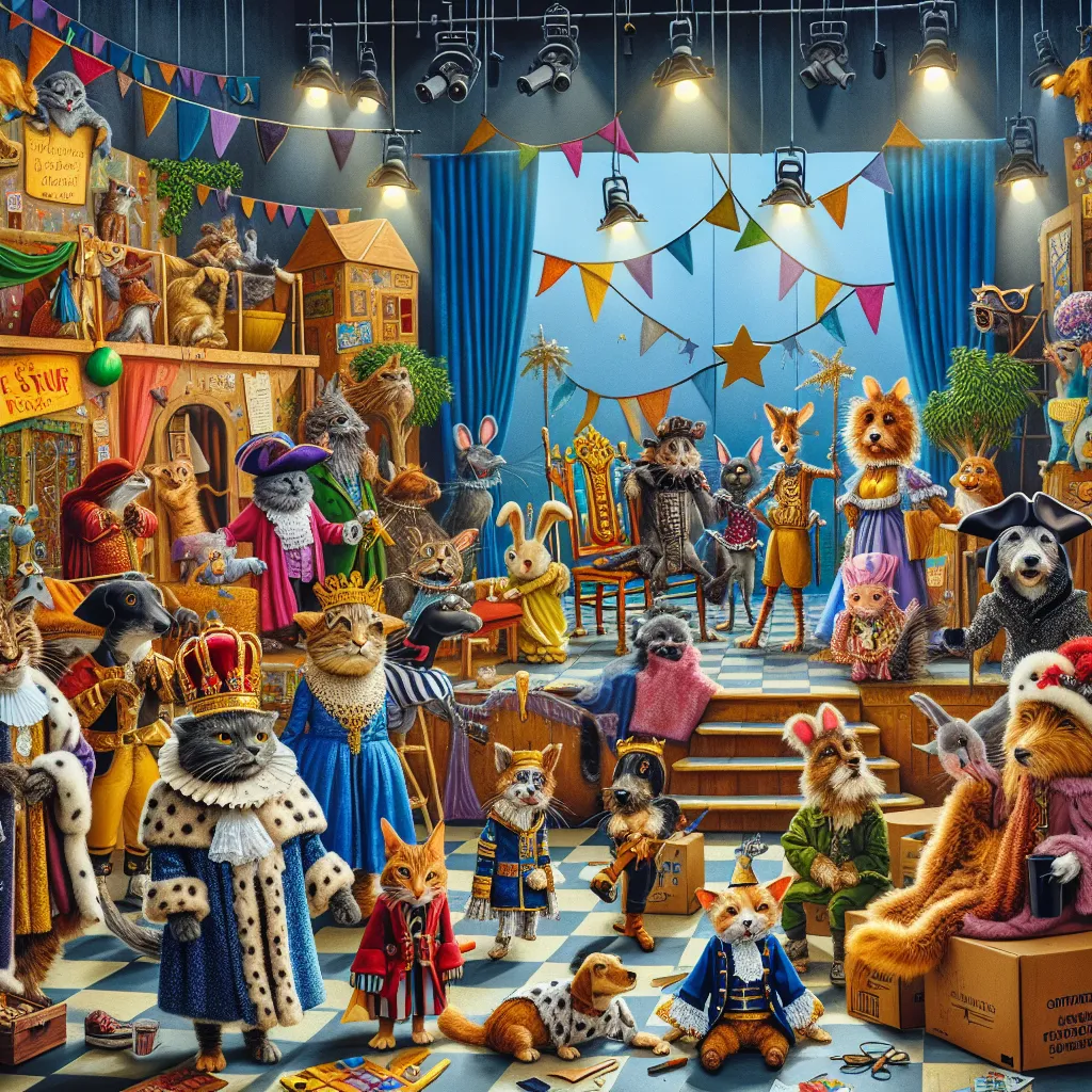 An animated image showing a bustling theater stage with various pets in different costumes and props, capturing the lively and chaotic energy of a play rehearsal from the "Littlest Pet Shop: A World of Our Own" episode titled "Understudy Understudy!"
