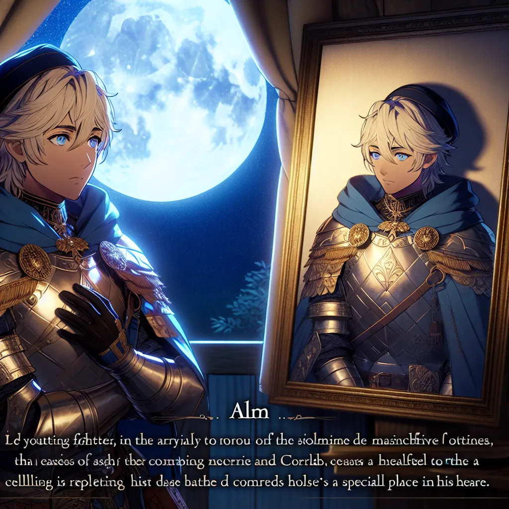 Alm, a young warrior, dons a beautiful array of feminine attire and armor in the privacy of his tent, reveling in the liberation and joy of embracing his true self. Bathed in the moonlight, he gazes at his transformed reflection and dreams of a tender encounter with Conrad, his heart's desire.