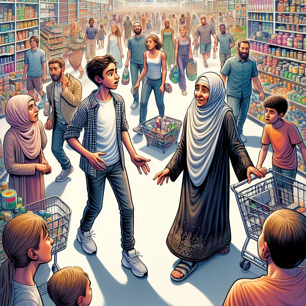 A young boy named Lionel mysteriously swaps bodies with Layla, a middle-aged mother, in a bustling store. Lionel's confusion and fear are palpable as he navigates his new reality in Layla's body, ultimately accepting his fate as the matriarch of a Muslim family. This eerie and poignant tale unfolds in a vividly detailed setting of the store, capturing Lionel's transformation into Layla, with both worlds intertwining seamlessly.