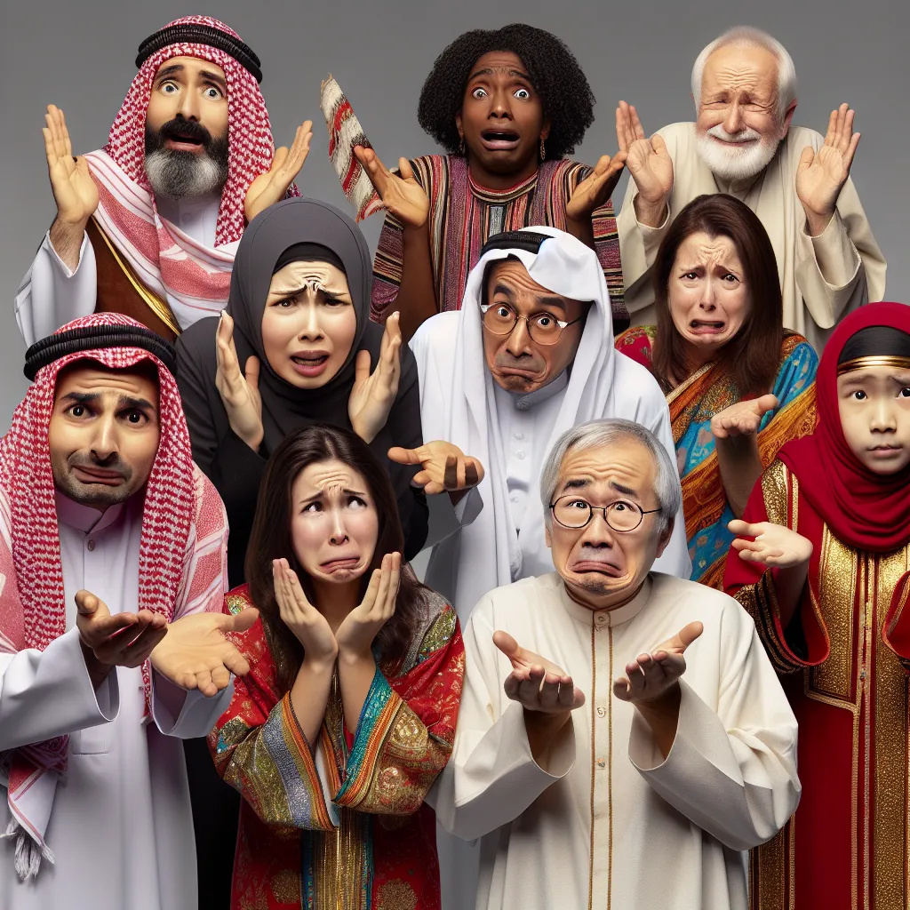 A comical image depicting various characters from different cultures, each expressing their apologies in a hilariously confused and chaotic manner.