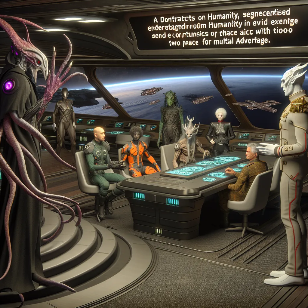 A scene on the bridge of the Enterprise: Captain Archer and his crew negotiate with a dapper demon representative from the United Crime Syndicates of Hell. The demon proposes a parley to end contracts on humanity in exchange for peace with the Romulans and Klingons. Tense diplomacy ensues as they consider an alliance for mutual benefit.
