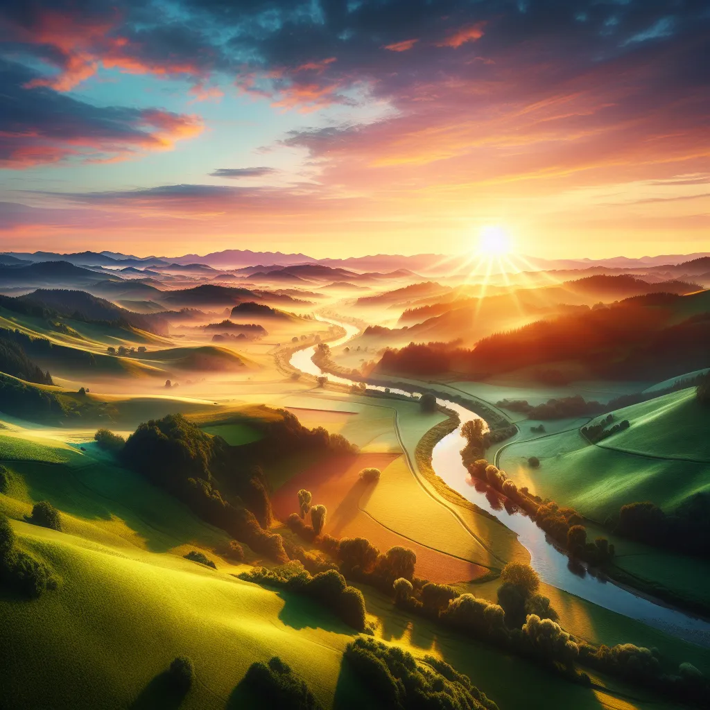 A captivating, scenic view of a peaceful countryside at dawn, with rolling green hills, a meandering river, and a colorful sunrise casting warm light on the landscape.