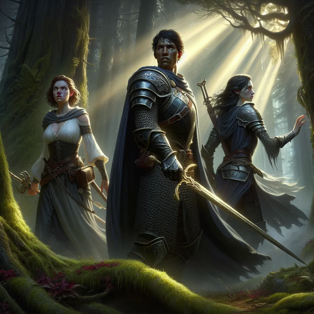 An image of Rae, Orin, and Celia standing at the edge of the dark forest, the ancient trees looming behind them, their faces filled with determination and a hint of trepidation. The last rays of sunlight pierce through the dense foliage, casting eerie shadows on the moss-covered ground. Rae clutches the hilt of her enchanted dagger, while Orin stands beside her, chainmail clinking softly. Celia, with her ethereal glow, approaches gracefully. The atmosphere is filled with a sense of mystery and d