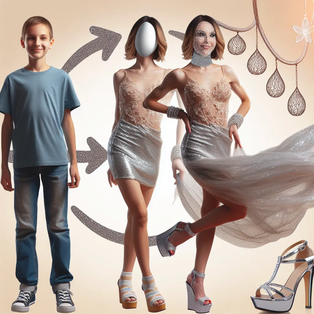 A young boy named Tommy transforms into Natasha, a confident and elegant woman in her fifties. She embraces her new life, finding love and belonging in the club scene. This image could depict Natasha in her silver dress, platform sandals, and glittery accessories, exuding confidence and vibrancy.