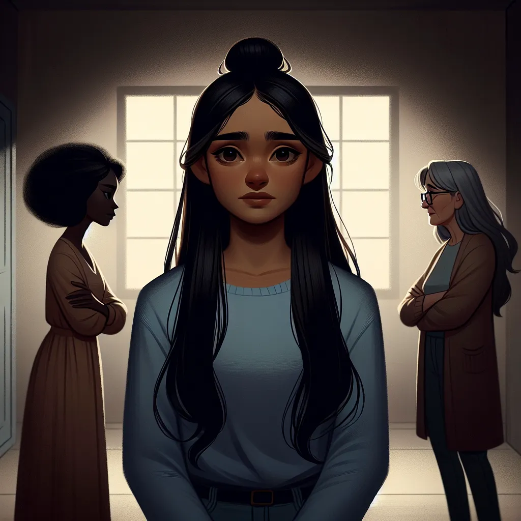 An image depicting a Mexican woman in her 50s, with long black hair held in a bun, and dark brown eyes, standing alone in an unfamiliar room. The room is dimly lit, with cold, distant expressions on the faces of two women, one in her 30s and the other in her 60s, who are looking at her with disdain. The image conveys a sense of confusion, sadness, and isolation.