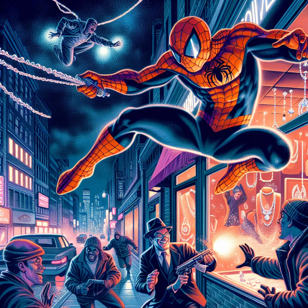 A dramatic image of Fox Kid, a superhero with orange webs, swinging through the neon-lit streets of New York City at night. His enhanced senses allow him to attune to the rhythm of the city, as he patrols and detects a robbery at a jewelry store. With the use of his web shooters and electric powers, he confronts the armed robbers. Just as he is about to disable the rest of the criminals, Black Cat, a sleek figure in silver, somersaults through the skylight to assist him. A playful and flirtatiou