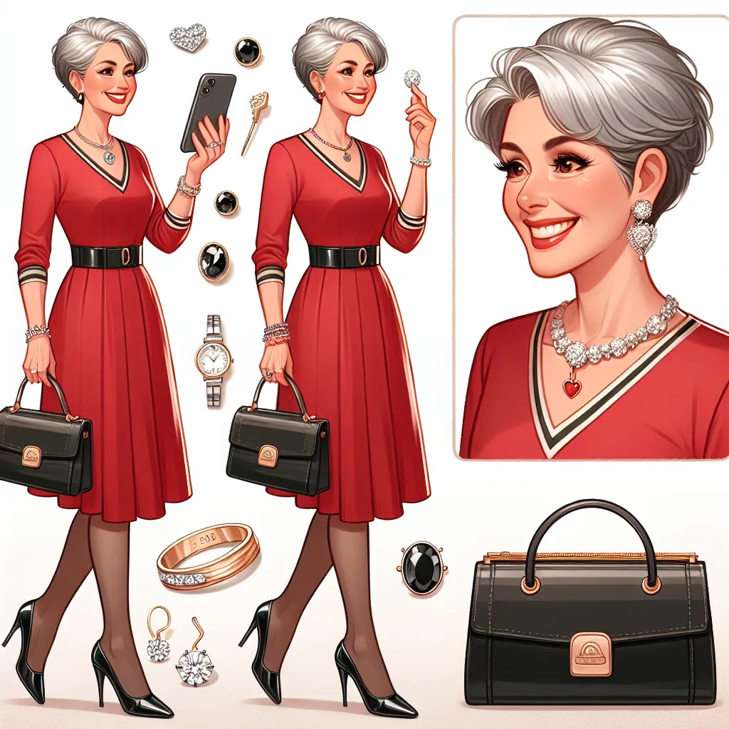An image of a joyful, confident woman in her 70s with short gray hair, wearing a red form-fitting dress and black stiletto sandals. She is surrounded by eight pieces of jewelry, including a wedding ring, diamond stud earrings, and a charm bracelet. She is holding a black leather purse with gold accents and a phone, while standing in front of a mirror, checking her appearance.