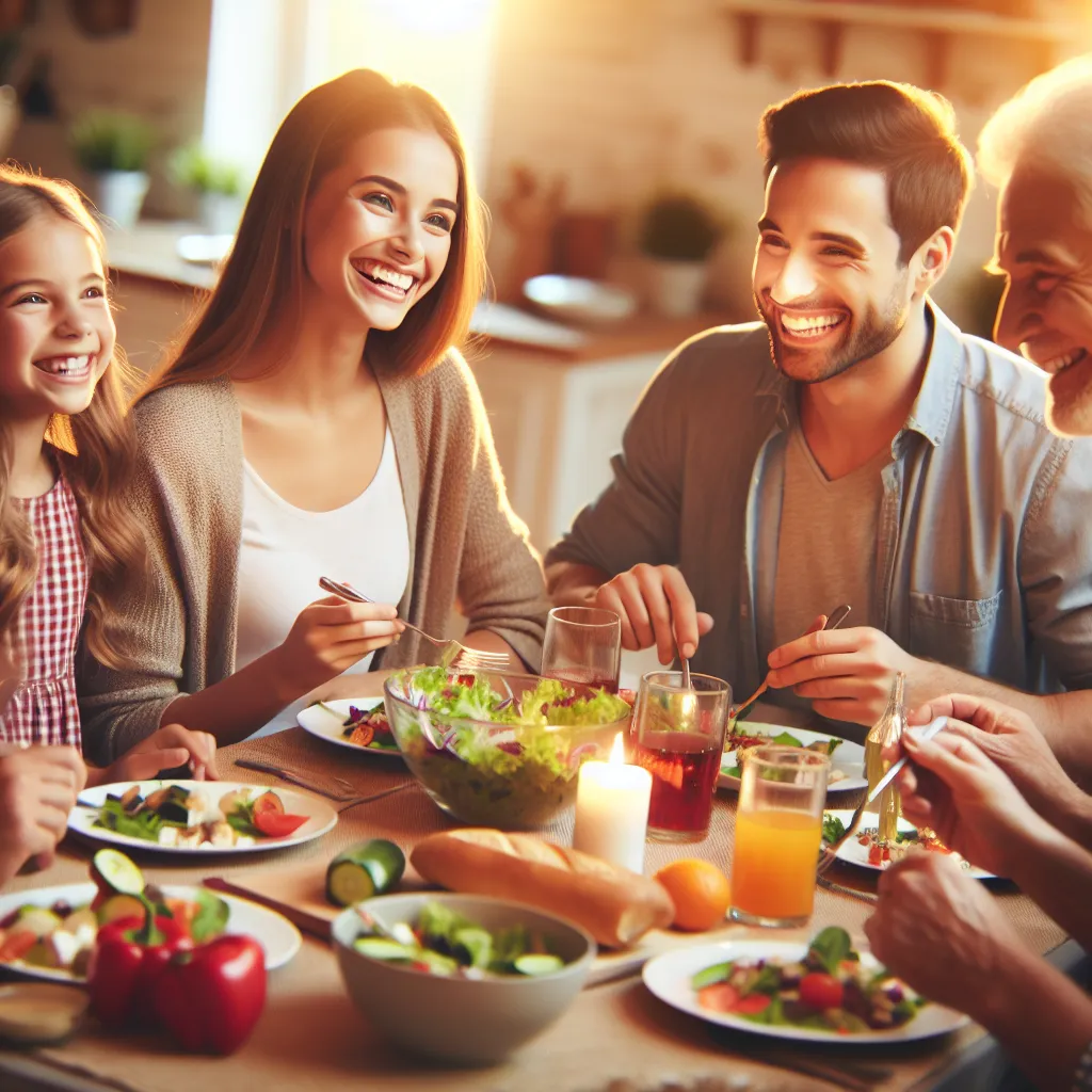 No problem! I can generate a description for the image based on the story. Here it is:

A happy family is gathered around a table, enjoying a delicious meal together. The table is filled with plates of food, vibrant salads, and glasses of refreshing drinks. They are all smiling, engaged in conversation, and appear to be having a great time. The atmosphere is warm and inviting, with soft lighting adding to the cozy ambiance.