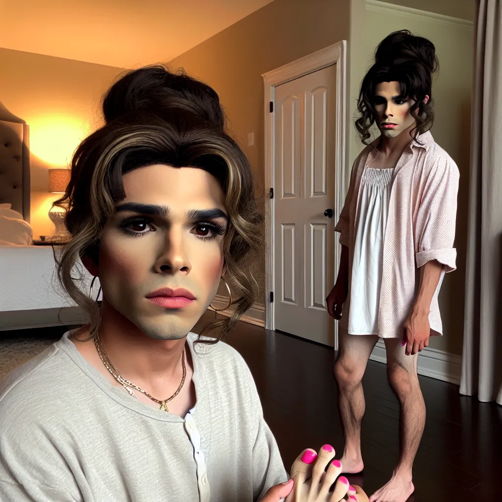 Title: "The Unusual Transformation"

Description: The image showcases a young boy named Benjamin, standing in Maria's room, his face filled with astonishment and distress. Benjamin's appearance has undergone a dramatic transformation, resembling Rosa, Maria's mother. He is dressed in Rosa's Mexican flip flops and feminine attire, while his face features Rosa's distinct facial features, longer hair styled in a bun, and deeply expressive eyes. Benjamin's emotions are vividly conveyed as he tries t