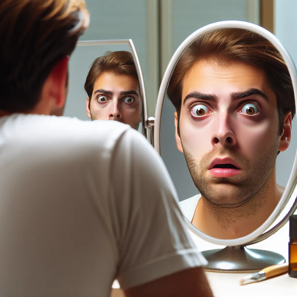 A person with a shocked expression is looking into a vanity mirror, seeing their sister's face staring back at them. The image captures the moment of realization and panic as the person discovers they have swapped bodies with their sibling.