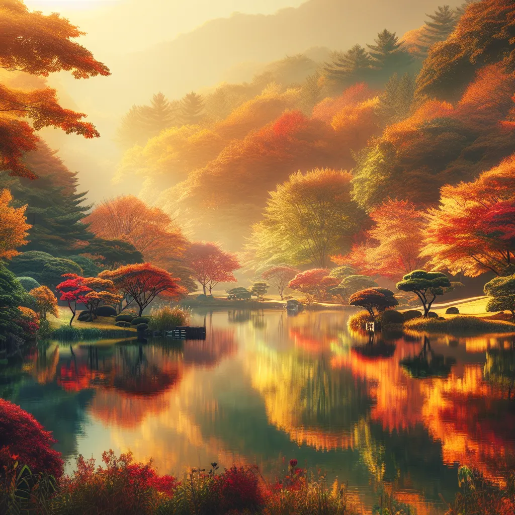 A serene autumn landscape with colorful trees reflecting in a calm lake, creating a picturesque scene of peacefulness and natural beauty.