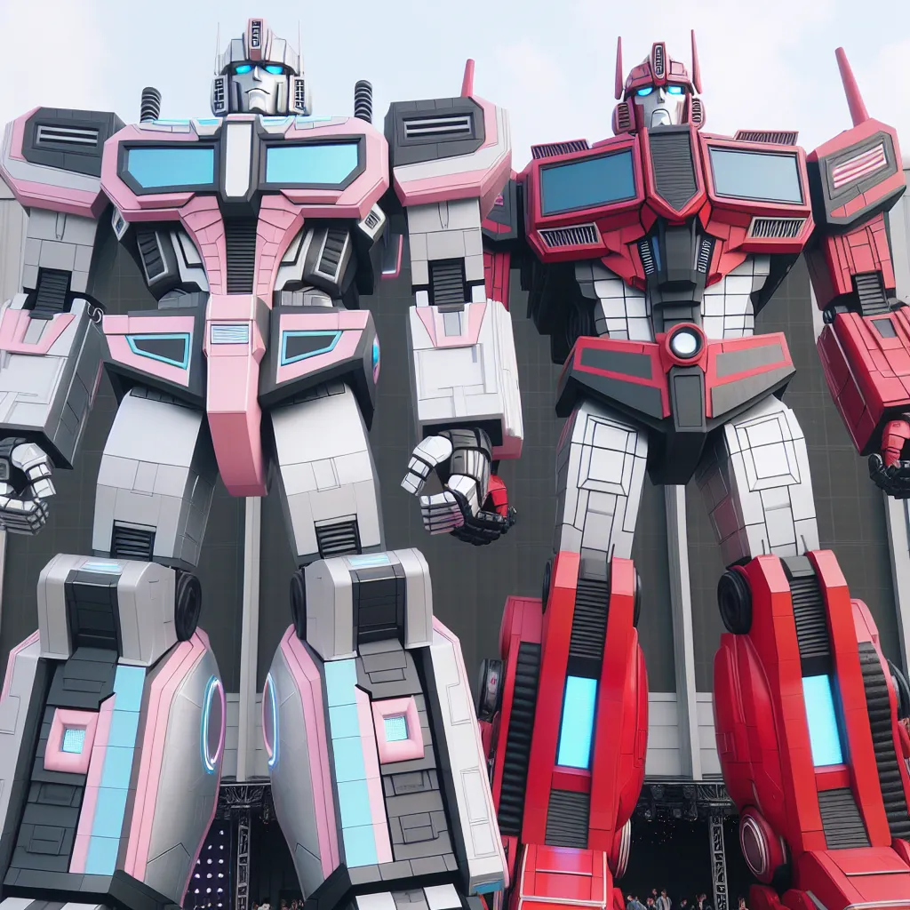 In this image, the transformed versions of Charlie Morningstar and Alastor from the story "Metallic Redemption" are depicted as giant robot heroes known as Dynamo and Torpedo Blast. They are shown as towering metallic figures, with Dynamo resembling a 25-foot-tall pink and light gray robot with blue accents, and Torpedo Blast appearing as a red-and-black robot with white rims and thin black stripes. They stand side by side, ready to join their Autobot allies in a mission against the Decepticons.