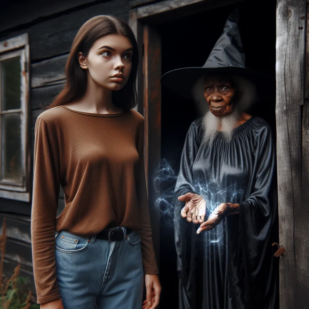 An image of a young woman standing in front of a mysterious shack, with a wizened voodoo witch standing at the doorway. The woman is looking apprehensive while the witch is holding out her hands, surrounded by an aura of mystical energy.