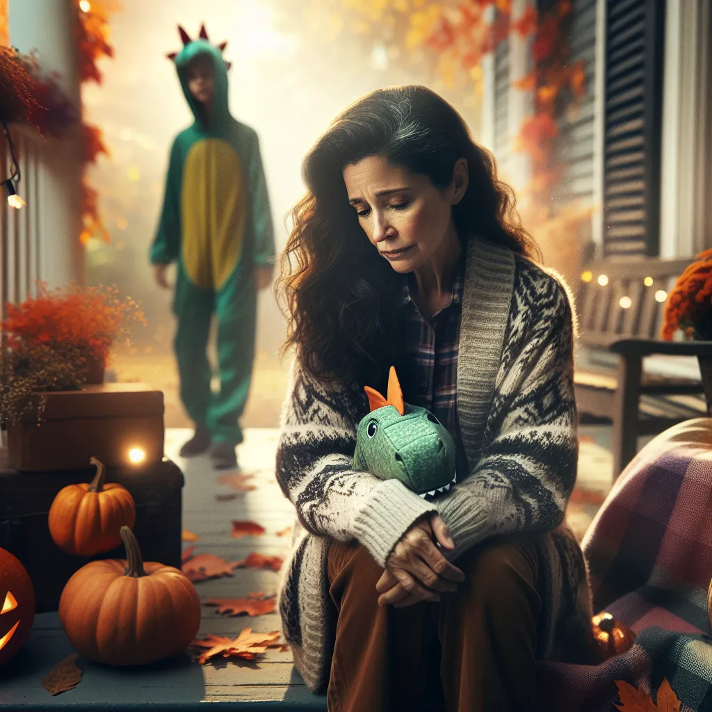 A young boy named Ethan, eager for his first Halloween memories, experiences a mysterious and transformative event while dressed in a green dinosaur costume, leaving his mother, Miranda, frantically searching for him. As time passes, Miranda navigates the pain of loss, cherishing memories of Ethan while finding strength and hope in her enduring love for him. The image will capture the emotional complexity of Miranda's journey, encompassing love, loss, hope, and resilience against the backdrop of