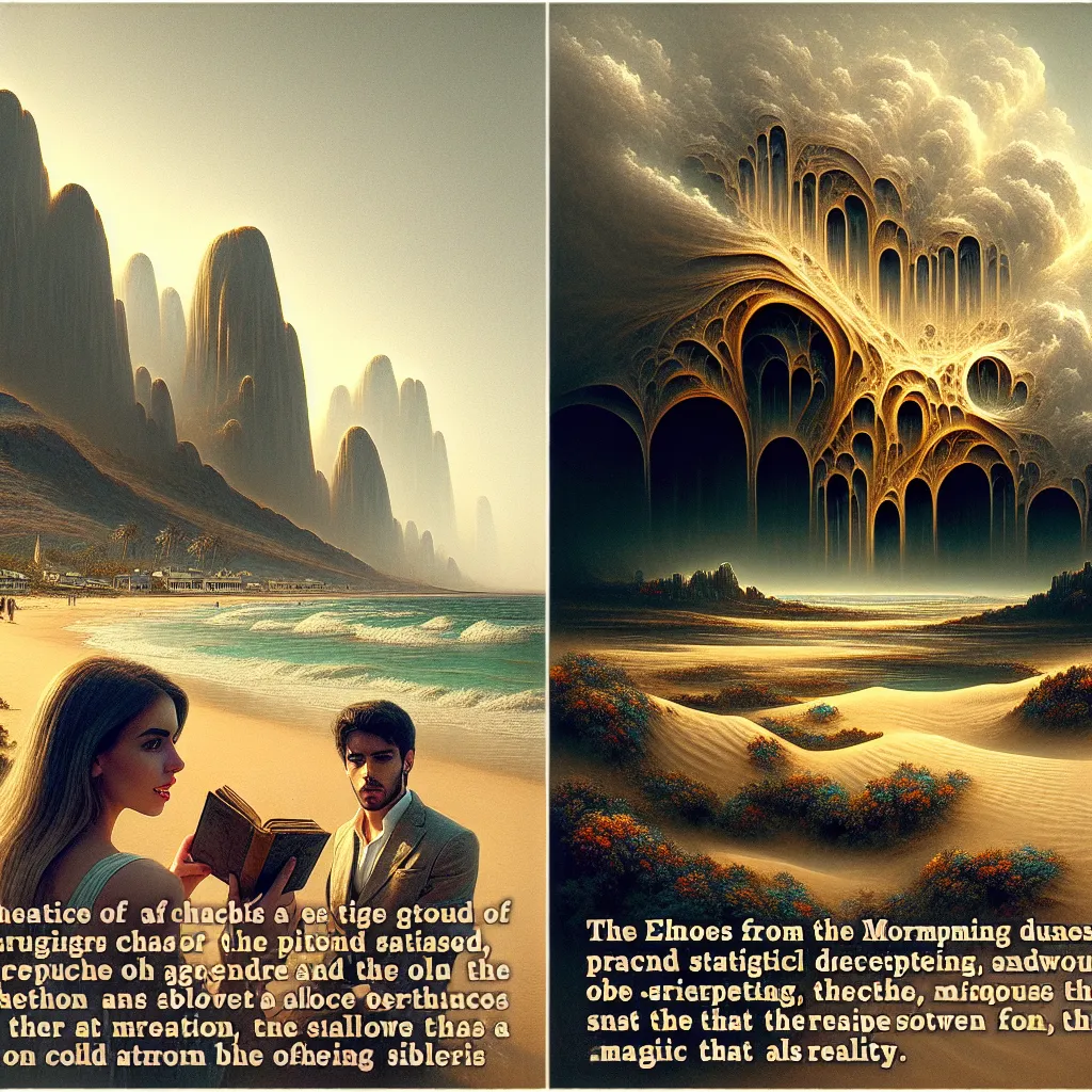Image Description: The image depicts a secluded beach with towering sand dunes and mysterious rock formations. Ominous clouds hang in the sky, contrasting with the radiant colors of the surrounding landscape. In the foreground, two figures stand near the entrance of a labyrinthine cave. One figure, a young woman with a mischievous smile, holds a tattered book in her hand. The other figure, a young man, looks hesitant and uneasy. The image captures the eerie atmosphere and sense of foreboding in 