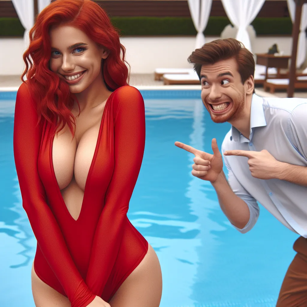 A humorous image showing a red-haired woman in a red bikini by a pool, with a mischievous male friend attempting to possess her body.