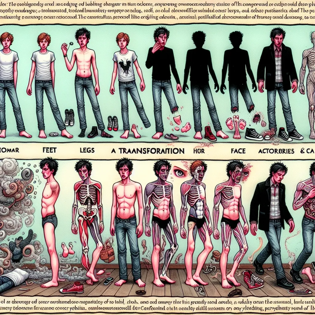 A vivid and detailed story where a boy, Wyatt, accidentally transforms into the mother of his friend, Shannon Clark, experiencing each physical change with astonishing detail. His feet, legs, torso, chest, arms, hands, head, hair, face, and clothing all morph into Shannon's, complete with jewelry, purses, and makeup. In a chaotic series of events, Wyatt navigates his new form, ultimately culminating in Shannon's return. Her sharp complaints and maternal instincts take over, leaving behind any me