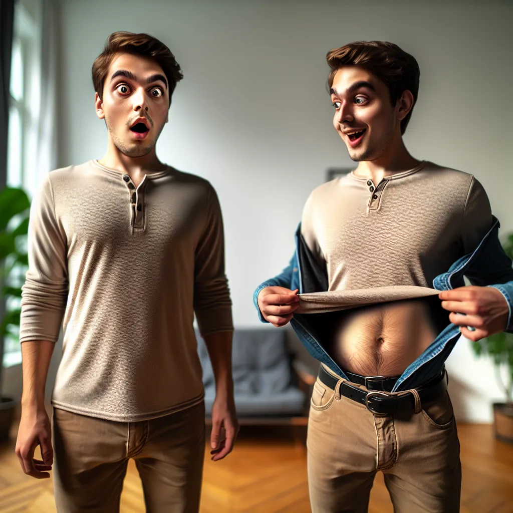 The generated image shows two friends, one with a shocked expression and one with a mischievous grin, staring at each other. The person on the left represents the protagonist, and the person on the right represents their friend who has been swapped into their spouse's body.