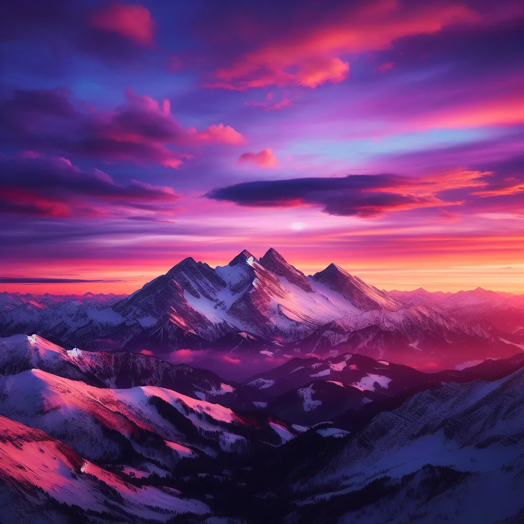 A serene mountain landscape at sunset, with snow-capped peaks glowing in warm hues against a colorful sky.