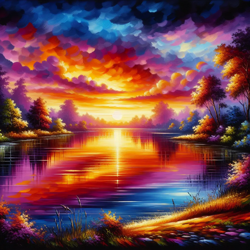 A beautiful sunset painting over a serene lake, with vibrant hues of orange, pink, and purple reflecting on the calm water.