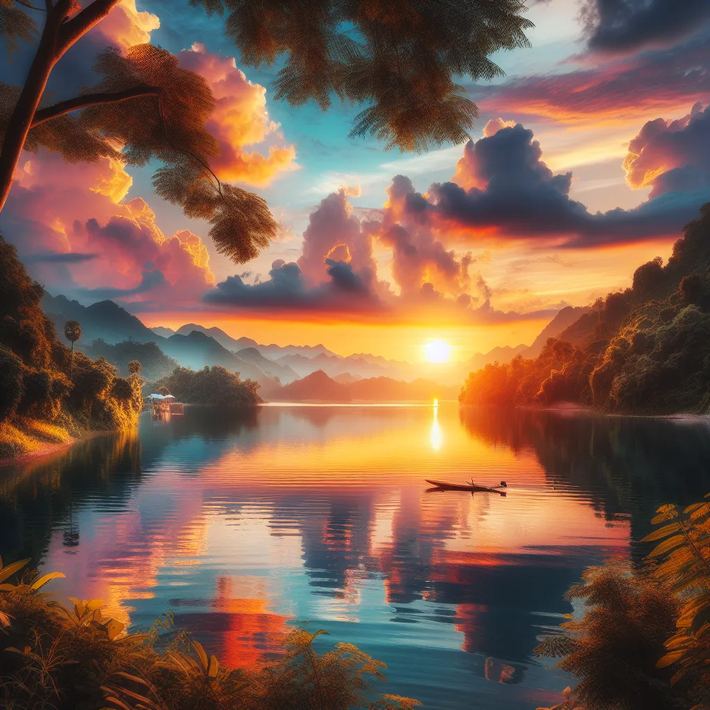 Sure, let's try to create a concise description for the image. "The image depicts a serene lakeside scene at sunset. The sun is slowly descending behind the mountains, casting warm hues across the sky. The calm waters of the lake reflect the colorful clouds above, creating a picturesque reflection. A lone boat can be seen drifting peacefully on the calm surface of the water. The surrounding nature is lush and vibrant, with trees and plants casting long shadows. The overall atmosphere is one of t