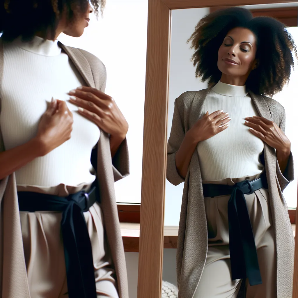 The image that will accompany this story is a depiction of an African-American woman in her 40s standing confidently in front of a mirror. She is wearing a fashionable outfit and admiring herself, running her hands over her body.