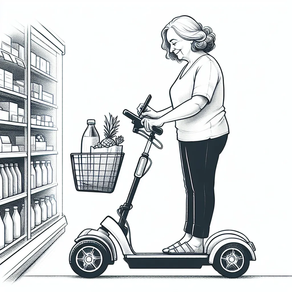 A drawing of Patricia Armstrong, a middle-aged woman in an electric scooter navigating the grocery store. She is shown going through her daily routine, from shopping to unpacking groceries at home. Patricia embodies grace and resilience, finding contentment in her new reality despite the challenges she faces.