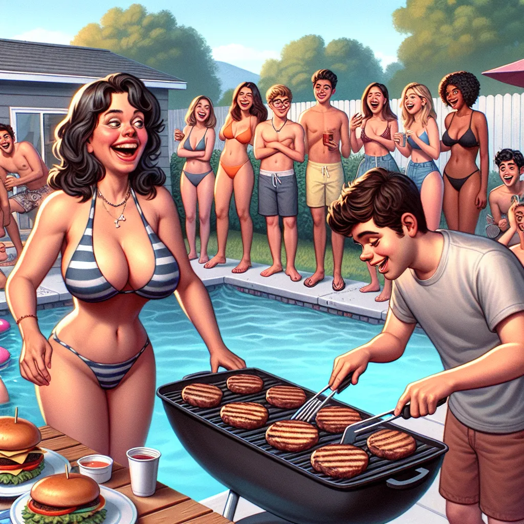 A group of friends gathers in a backyard, filled with a pool, grill, and laughter. Unbeknownst to them, one of the friends has unexpectedly swapped bodies with his own mother due to a family curse. The image depicts the friend, Lucas, confidently grilling burgers in his mother's body, wearing a red, white, and blue bikini. His friends watch on, amused and astounded by the situation, with a mix of fascination and amusement in their expressions. The image captures the essence of friendship, summer