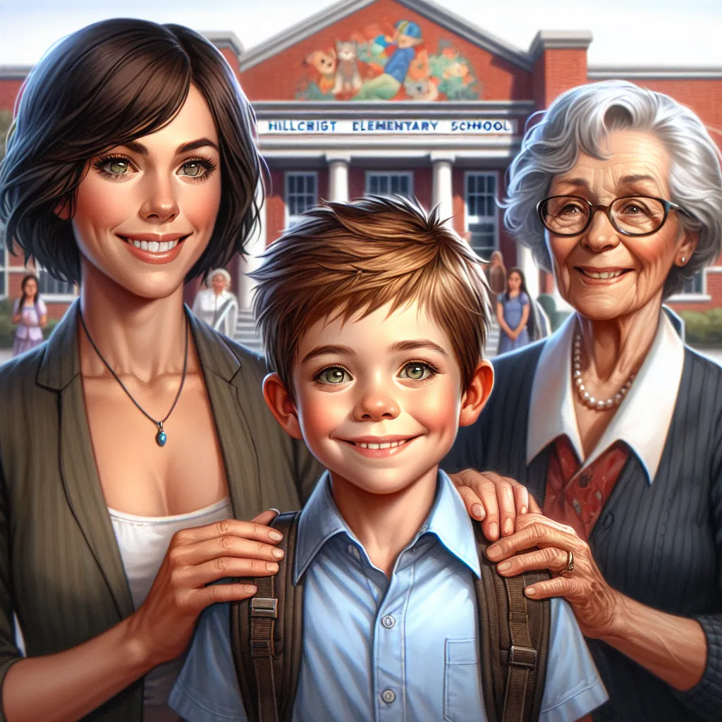 An image of a young boy named Jacob Reynolds, his mother Emily, his aunt Sarah, and his grandmother Helen, standing in front of Hillcrest Elementary School on his first day of kindergarten. Jacob is a fair-skinned, blonde-haired boy, while Emily has chestnut brown hair and green eyes. Sarah has short dark brown hair, and Helen has silver-grey hair. They are all smiling as Jacob clutches his mother's hand. The school building with red brickwork and colorful murals can be seen in the background.