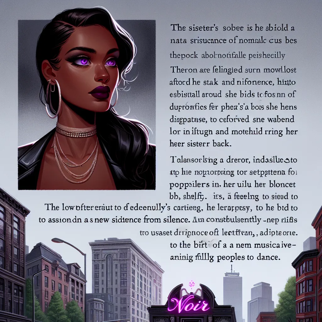 Description: A woman with mocha skin and amethyst eyes stands in front of an upscale nightclub called Noir, the grey sky and muted skylines reflecting her somber mood. She walks along Boylston Street, the empty streets mirroring the hollowness she feels after her sister's disappearance. In a therapist's office, she confesses her emptiness and loss, seeking guidance. The therapist provides understanding, encourages her to find a new purpose. The woman leaves the office with a newfound glimmer of 