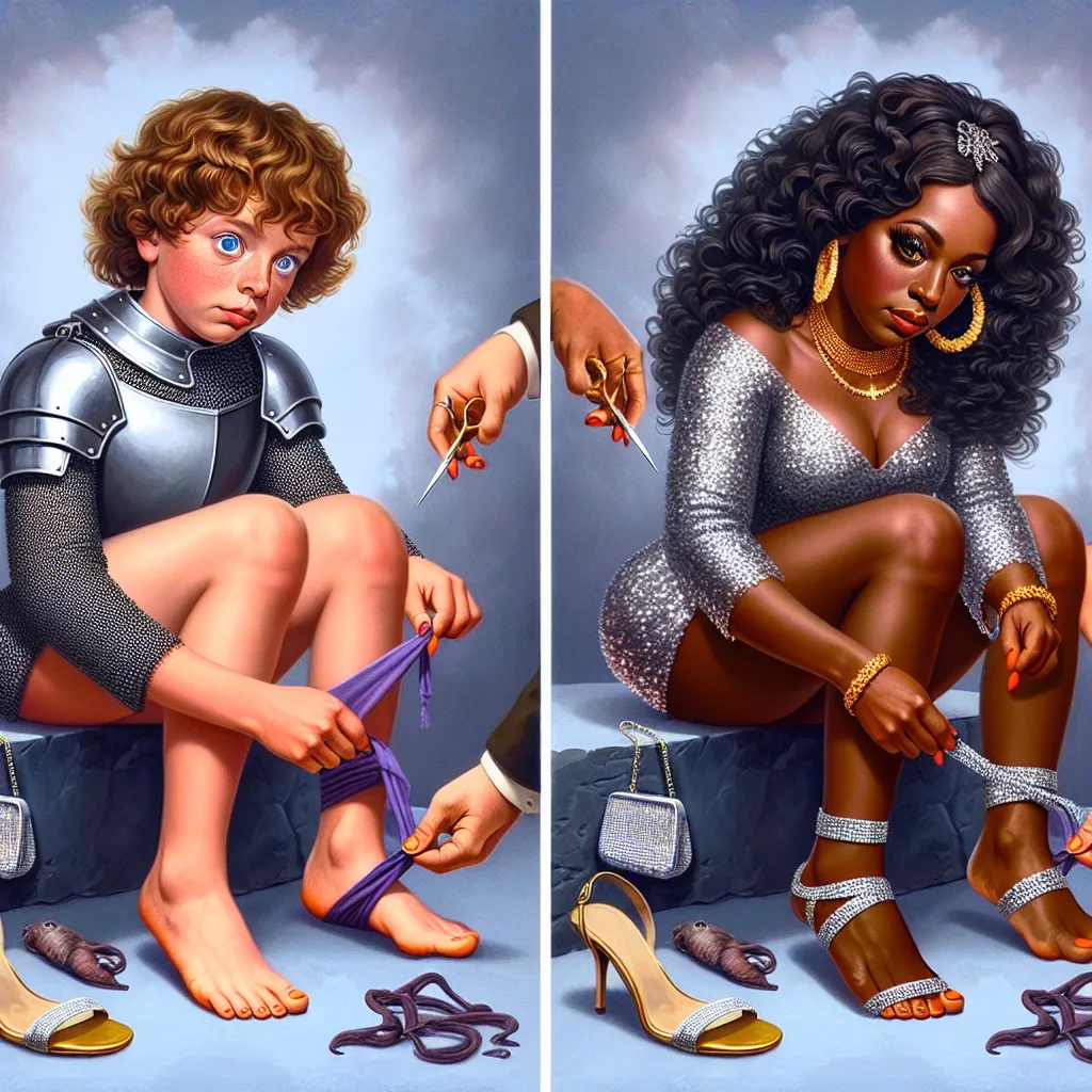 A live action realistic looking montage collage showing a little brown haired boy who is white and has blue eyes and curly hair wearing a knight costume but is missing his shoes and have him be looking down at the skimpy sandals that are strappy and are purple that are on his feet trying to remove them with his hands and have him slowly morph in each image into a black woman wearing a silver sequin dress with a silver sequin tiny purse on her right shoulder and gold hoop earrings in her ears and