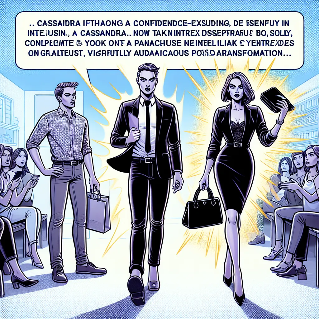 A dynamic image capturing Jack's transformation into Cassandra, a confident woman confronting a store manager. The scene depicts Cassandra's bold demeanor, complete with her black purse and stylish appearance, exuding empowerment and determination. Onlookers observe the intense exchange, reflecting the vibrant and assertive lifestyle Cassandra embodies after her complete transformation.