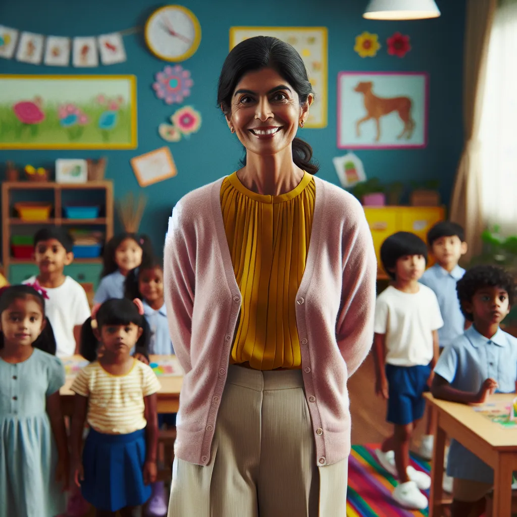 A smiling teacher stands in a sunlit classroom, surrounded by happy and curious young students. The room is adorned with colorful decorations and illustrations of animals. The teacher, Ms. Evelyn, wears a cheerful yellow blouse and a light pink sweater. Her dark hair is pulled back into a ponytail, and she wears white flip flops with lavender-painted toenails. She exudes warmth and enthusiasm as she prepares to lead her students through a day of fun and learning.