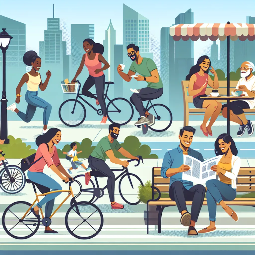 In a vibrant cityscape, a diverse group of people are depicted engaged in various activities such as walking, biking, and sitting at outdoor cafes. The image captures the energy and liveliness of urban life.